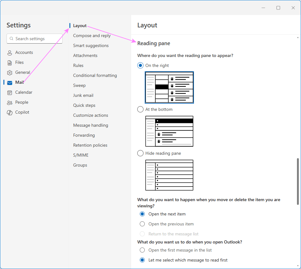 Customize the Reading Pane in the new Outlook.