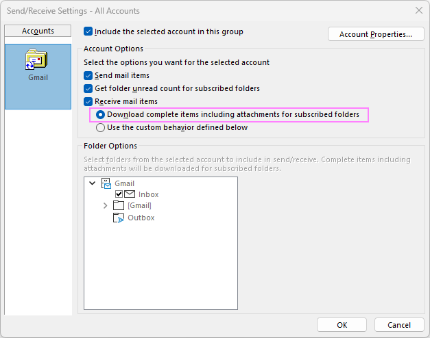 Download complete items in Outlook.