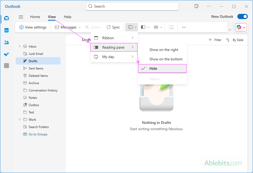 Hide the Reading Pane in the new Outlook.