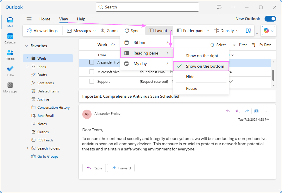 Move the Reading Pane in the new Outlook.