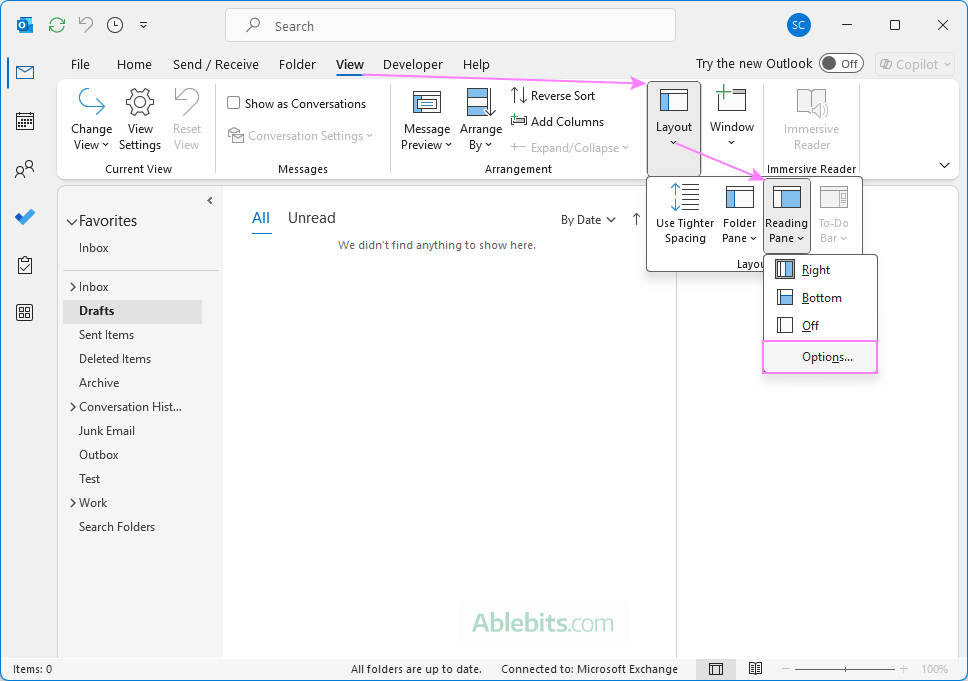 Adjust the Reading Pane in classic Outlook.