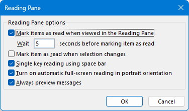 Outlook Reading Pane settings.