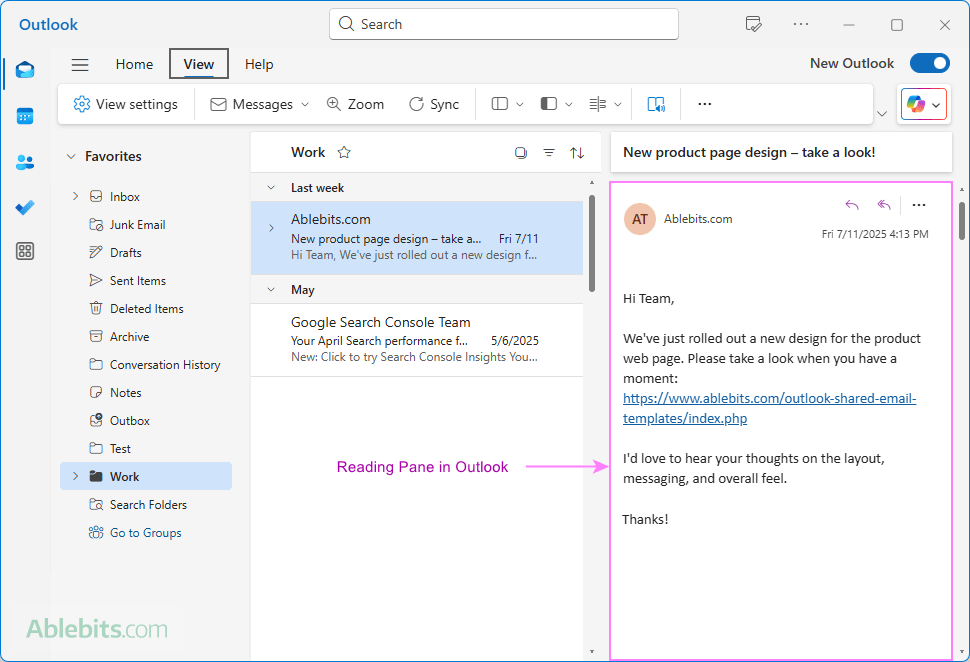 The Reading Pane in Outlook