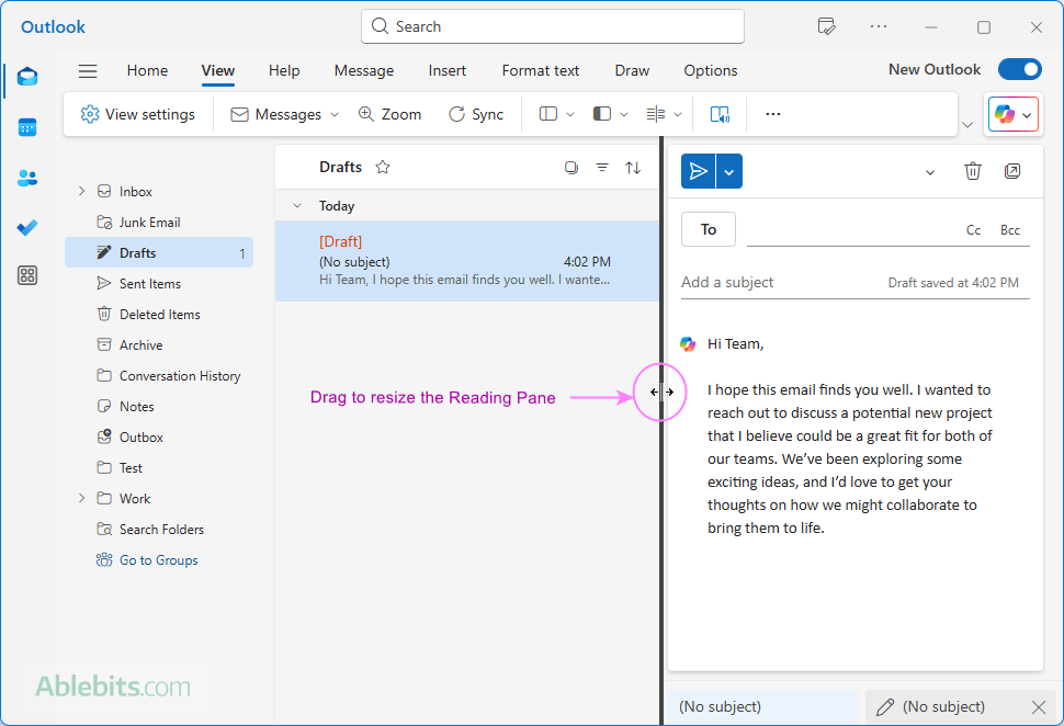 Resize the Outlook Reading Pane.