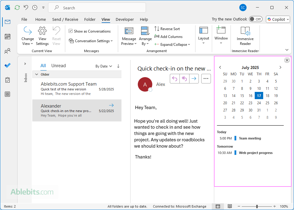Show calendar next to the Reading Pane in Outlook.