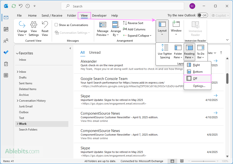 Turn off the Reading Pane in Outlook.