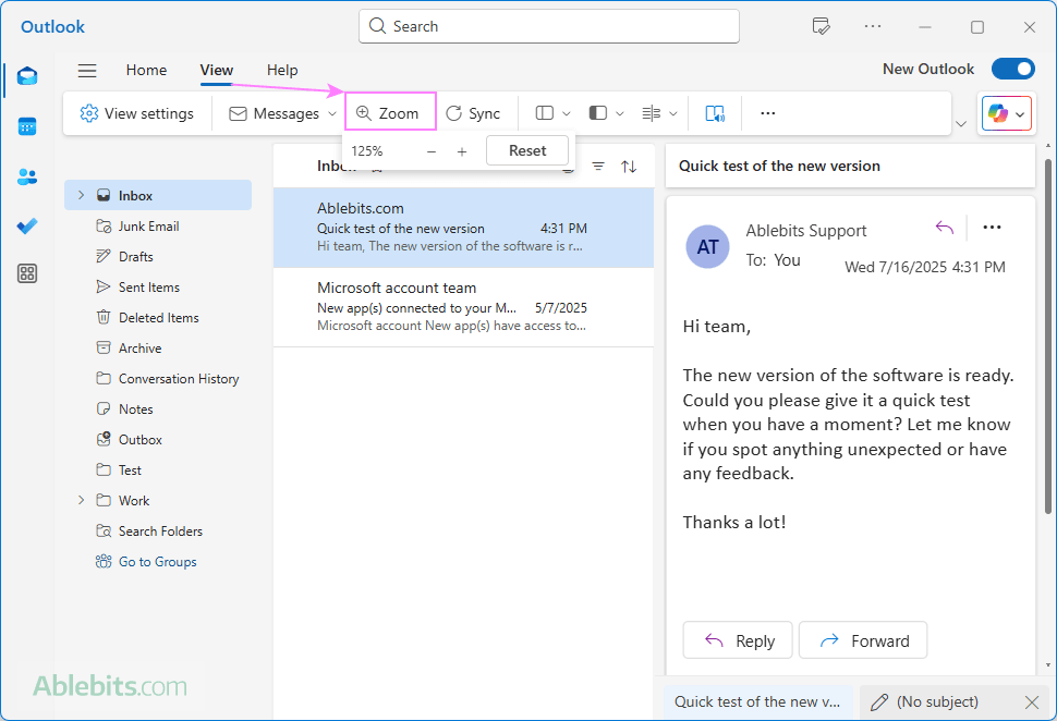 Increase the Reading Pane font size in the new Outlook.