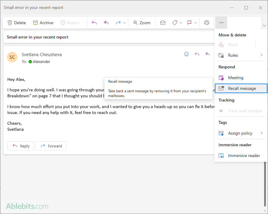 Recall an email message in the new Outlook.