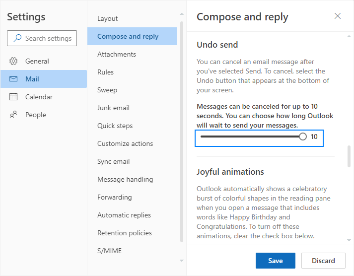 Set up the Undo Send feature in Outlook on the web.
