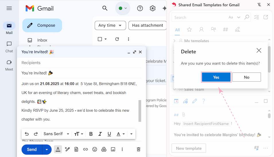 Confirm deletion popup