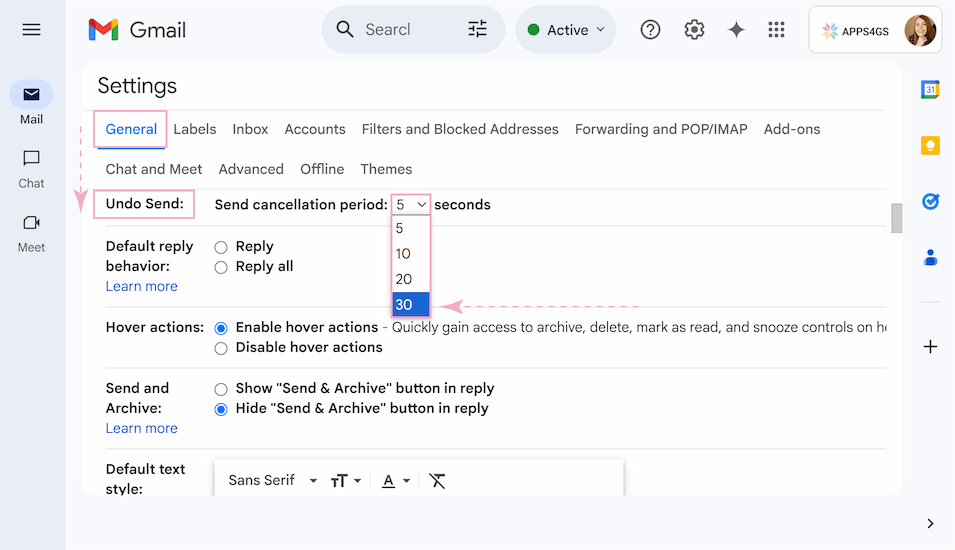 Undo Send settings with dropdown menu from 5 to 30 minutes.