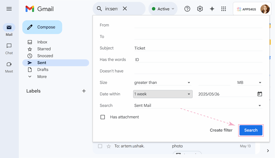 The pop-up with detailed search settings.