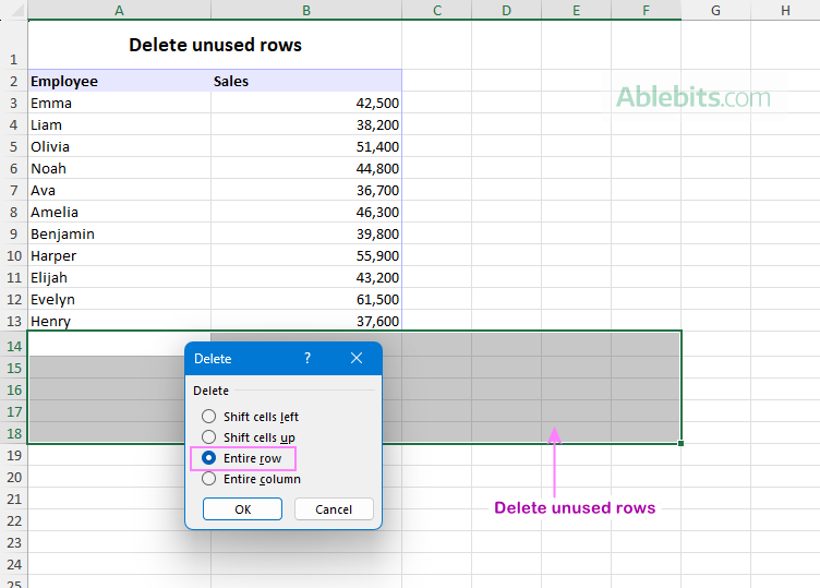 Remove unused rows below the data.