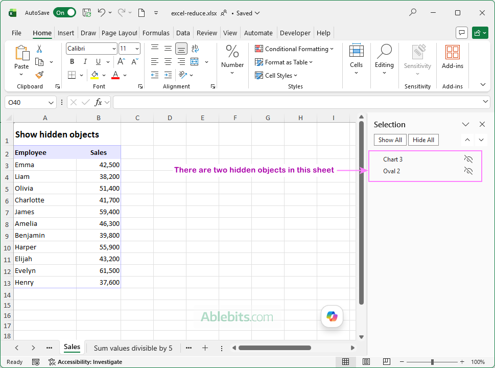 Remove hidden objects in a worksheet.