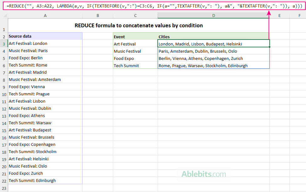 REDUCE formula for conditional concatenation.