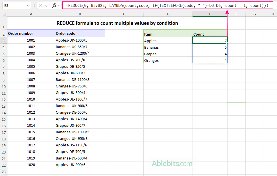 REDUCE formula to count multiple values by condition.