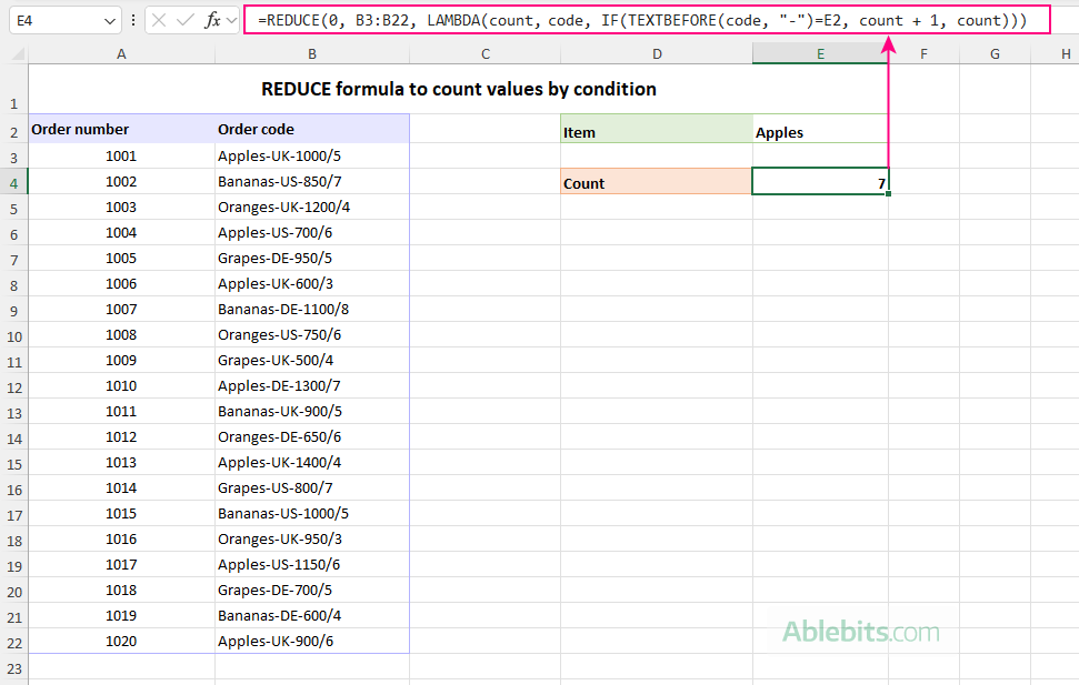 REDUCE formula to count values by condition.