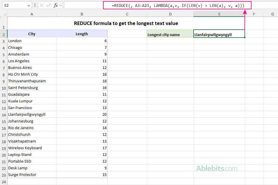 REDUCE formula to find the longest text string.