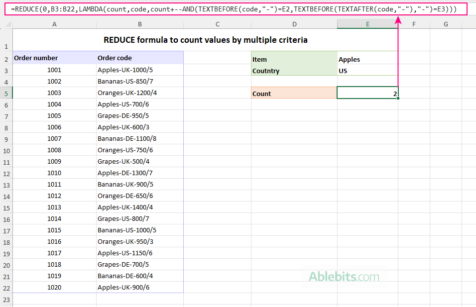 REDUCE formula to count values by multiple criteria.