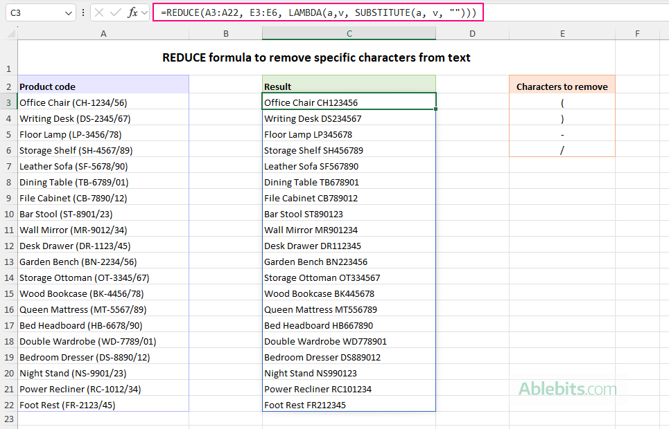 REDUCE formula to remove specific characters from text.