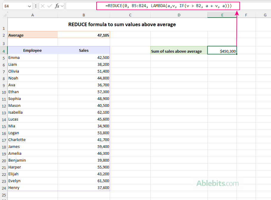 REDUCE formula to sum values that meet a condition.