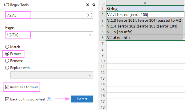 Using the Regex Extract tool in Excel