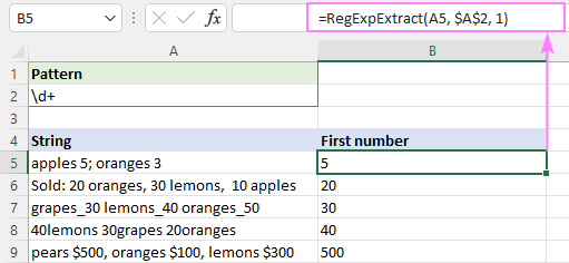 Regex to extract strings in Excel one or all matches