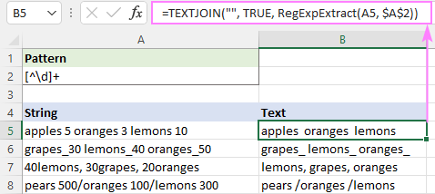 Regex to extract all text strings into one cell
