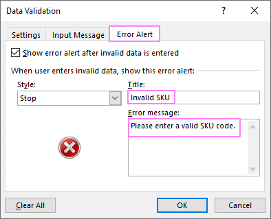 Data validation error alert