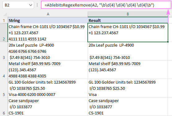 Excel Regex formula to remove substrings