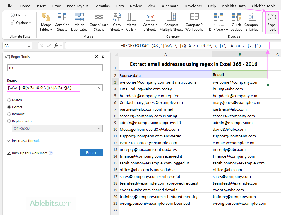 Extract text using Regex Tools in Excel 365 &ndash; 2016.