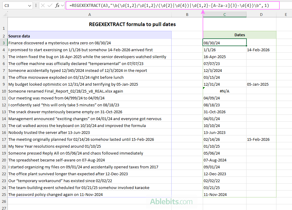 Use a REGEXEXTRACT formula to retrieve dates in Excel.