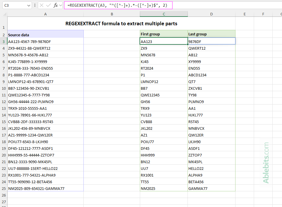 An Excel REGEXEXTRACT formula to get the first and last groups.