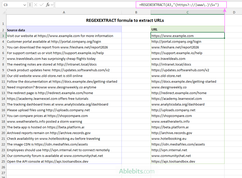 REGEXEXTRACT formula to pull URLs from text strings.