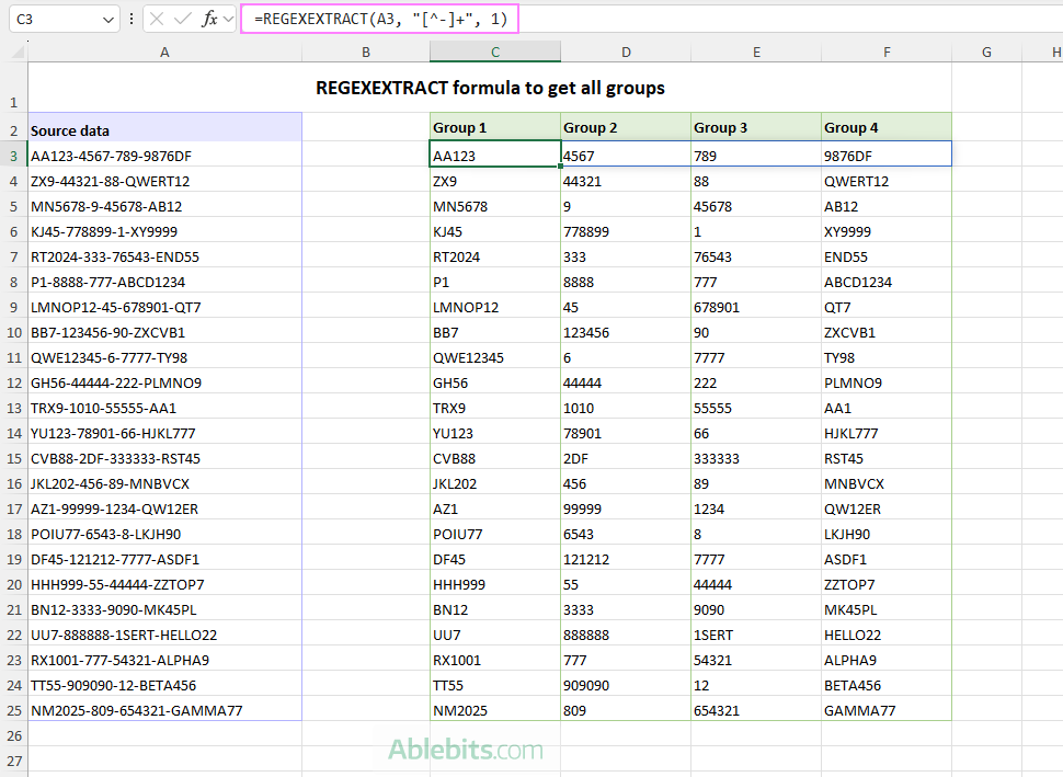 An Excel REGEXEXTRACT formula to extract multiple parts of text.