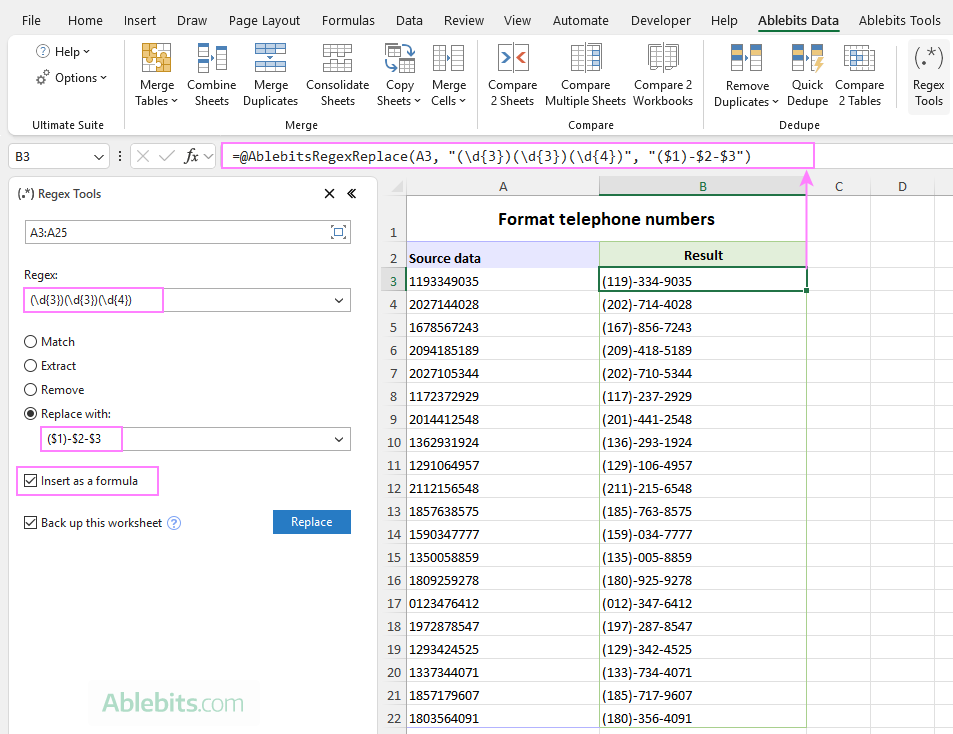 Replace text using Regex Tools in Excel 365 &ndash; 2016.