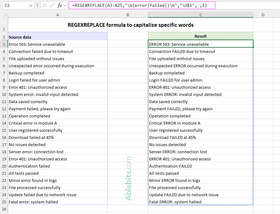 A REGEXREPLACE formula to capitalize specific words.