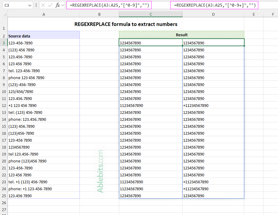 Use a REGEXREPLACE formula in Excel to extract numbers.