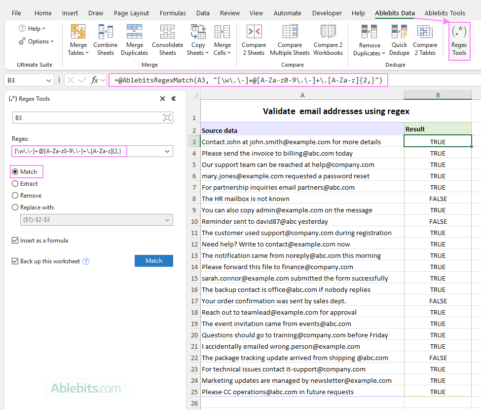 Match text using Regex Tools in Excel 365 &ndash; 2016.