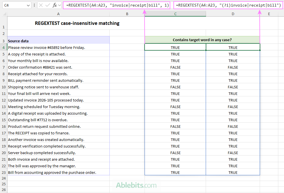 Use a REGEXTEST formula for case-insensitive matching in Excel.