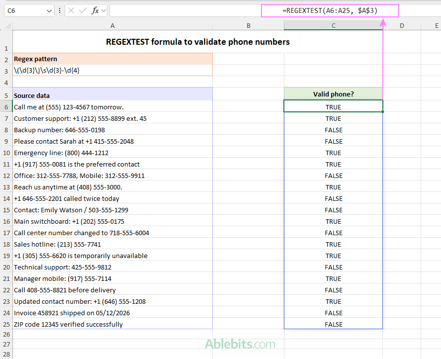 A REGEXTEST formula to validate phone numbers in Excel.