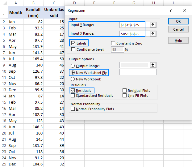 Configure the settings for linear regression analysis.