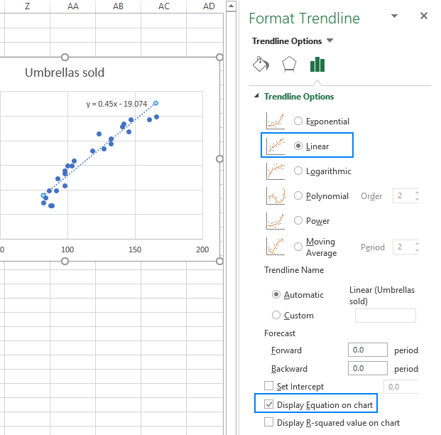 linear trendline based on values equation excel