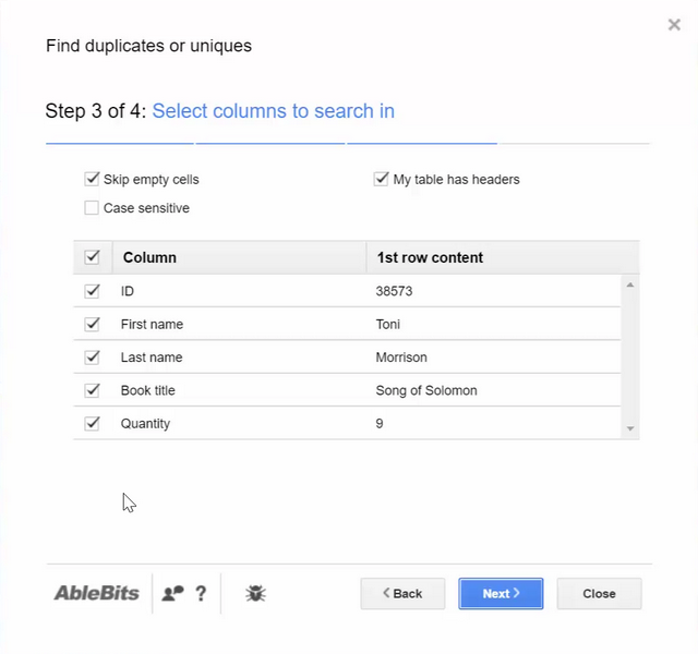 Define the columns you want to consider for search