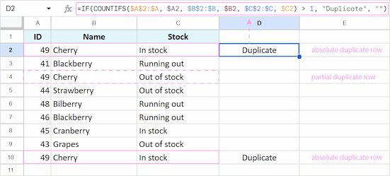 Searching for absolute duplicate rows in Google Sheets