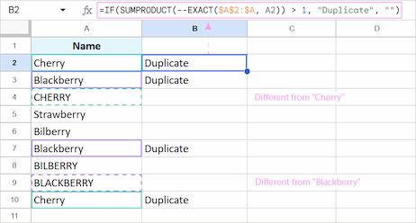 Finding case-sensitive duplicates in Google Sheets