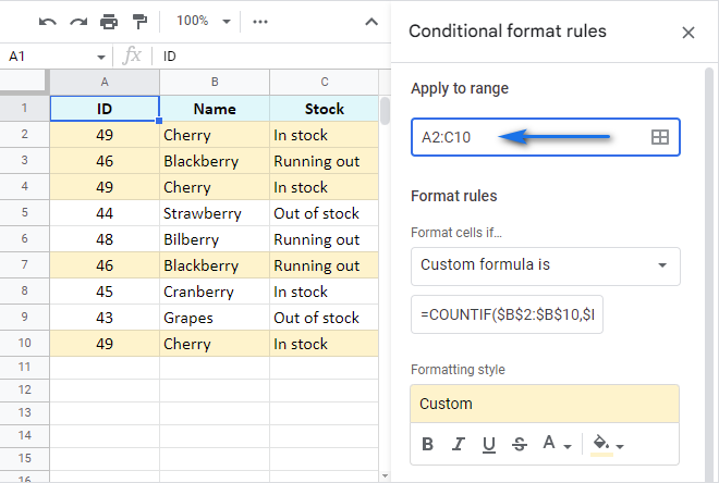 Highlight duplicate rows in Google Sheets based on the column values.