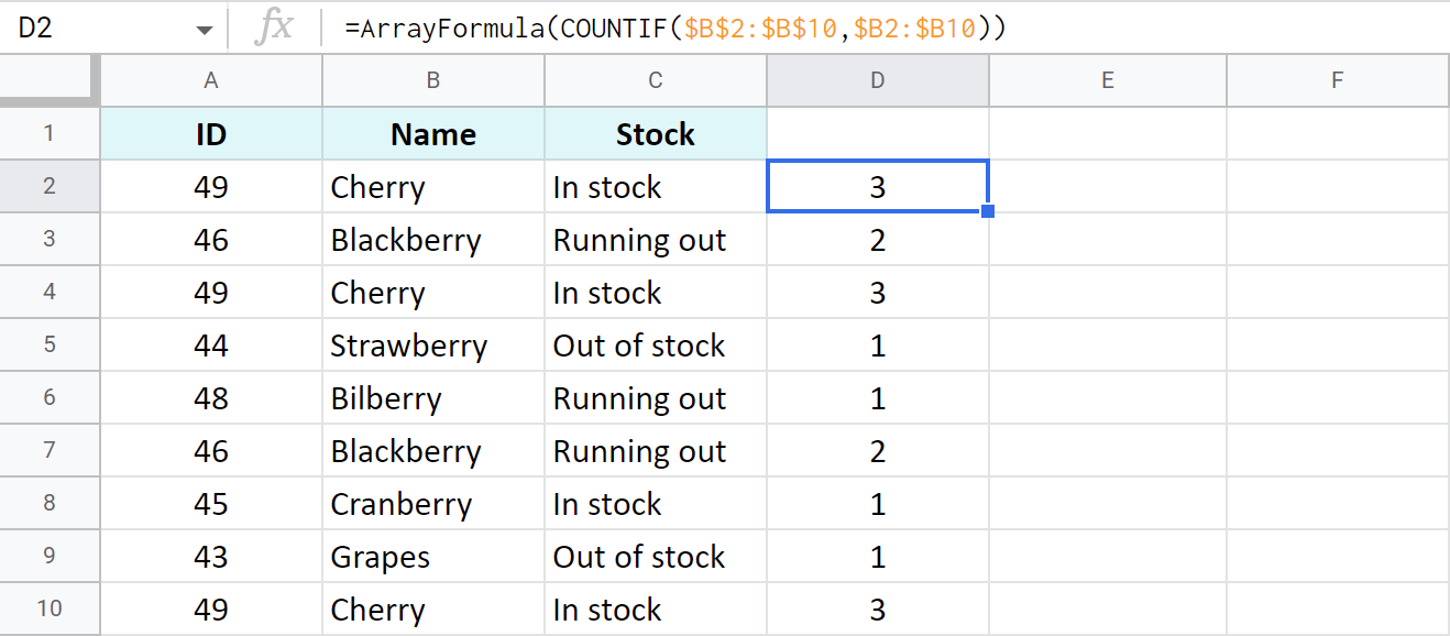 Incorporate ArrayFormula to identify all occurrences of each berry at once.