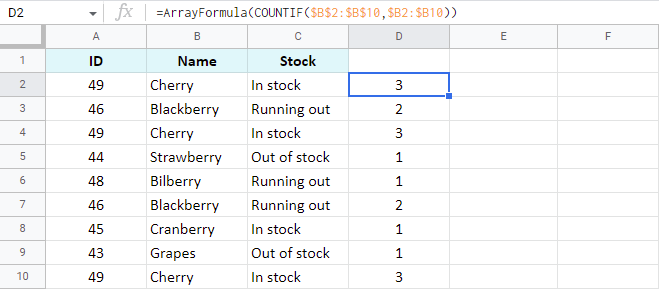 Incorporate ArrayFormula to count the occurrences of each berry at once.