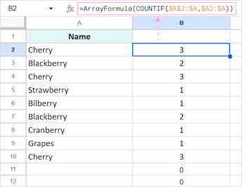 Using ArrayFormula to count duplicates
